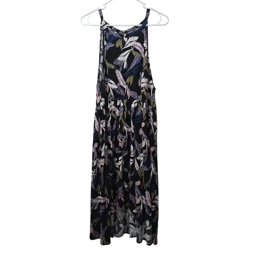 Torrid Black Palm Leaf High Neck Dress Tropical Days Sleeveless Keyhole Size 1 - Picture 2 of 6